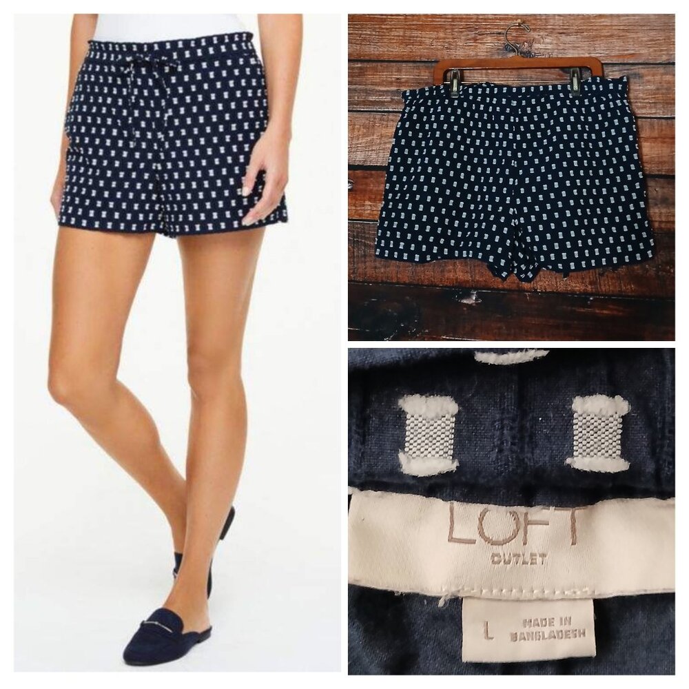 LOFT Shorts L Drawstring Navy Blue Embroidered 100% Cotton Lined Polka Dot